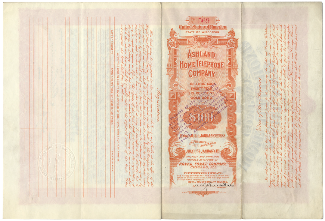 Ashland Home Telephone Company Bond Certificate