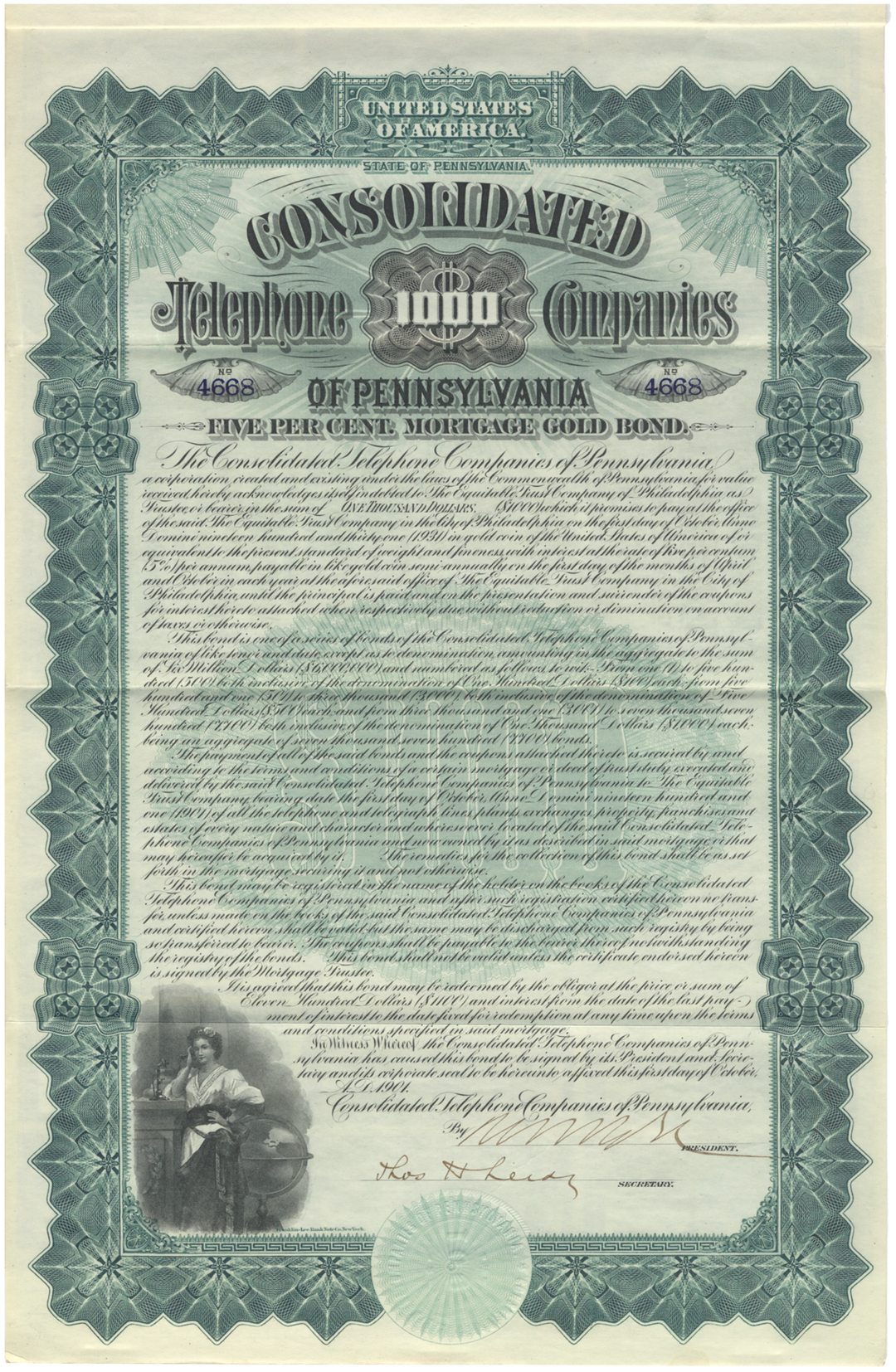 Consolidated Telephone Companies of Pennsylvania Bond Certificate