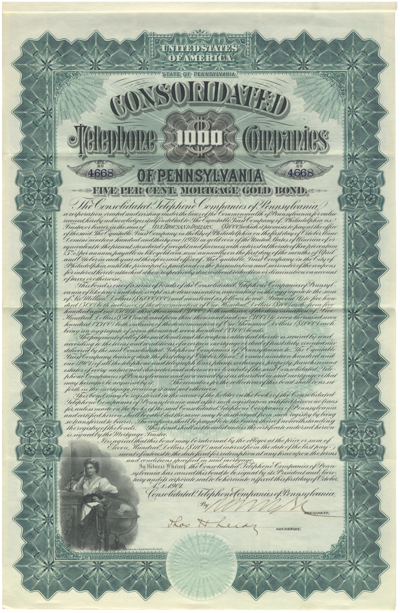 Consolidated Telephone Companies of Pennsylvania Bond Certificate