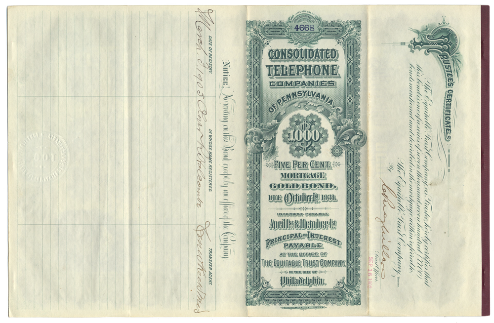 Consolidated Telephone Companies of Pennsylvania Bond Certificate