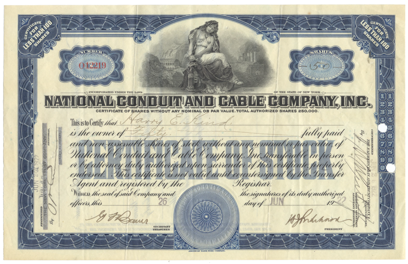 National Conduit and Cable Company, Inc. Stock Certificate