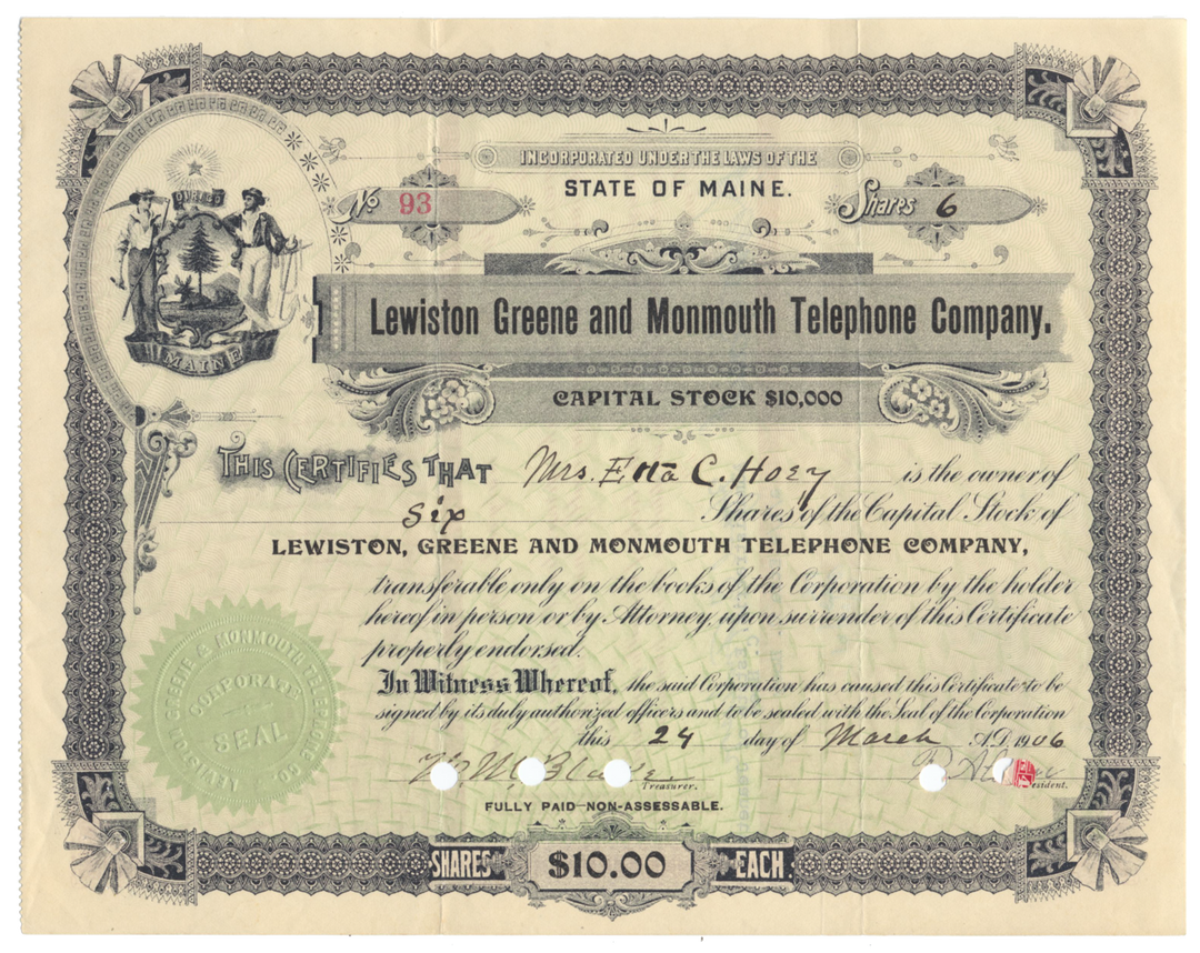 Lewiston, Greene and Monmouth Telephone Company Stock Certificate