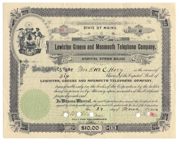 Lewiston, Greene and Monmouth Telephone Company Stock Certificate