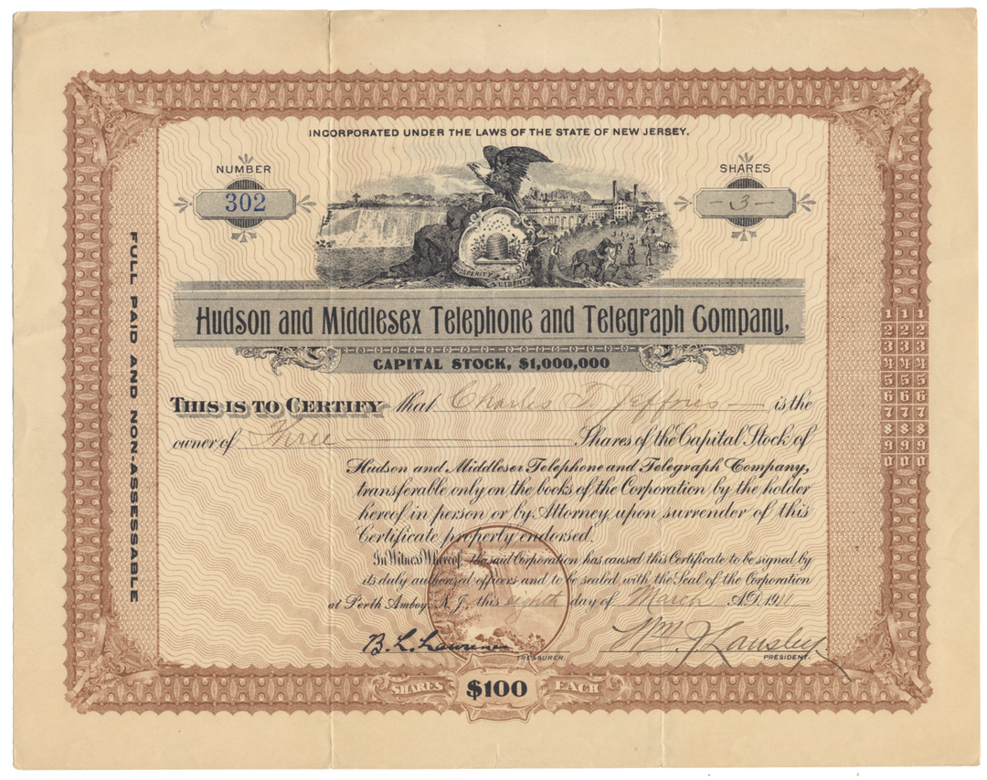 Hudson and Middlesex Telephone and Telegraph Company Stock Certificate