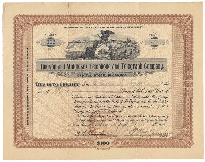 Hudson and Middlesex Telephone and Telegraph Company Stock Certificate