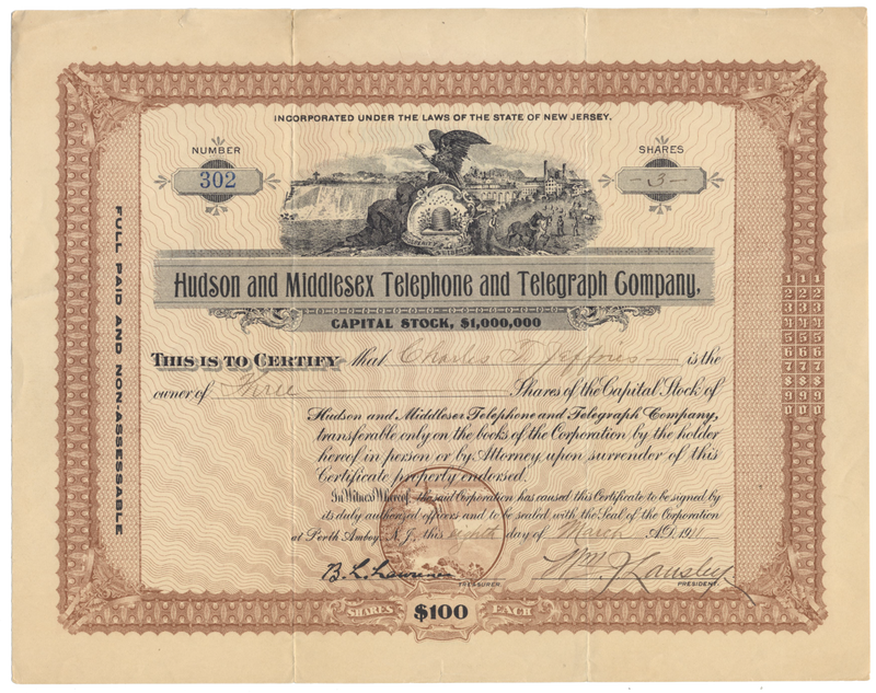 Hudson and Middlesex Telephone and Telegraph Company Stock Certificate