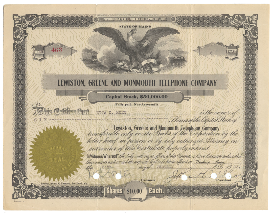 Lewiston, Greene and Monmouth Telephone Company Stock Certificate