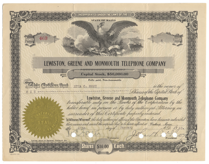 Lewiston, Greene and Monmouth Telephone Company Stock Certificate