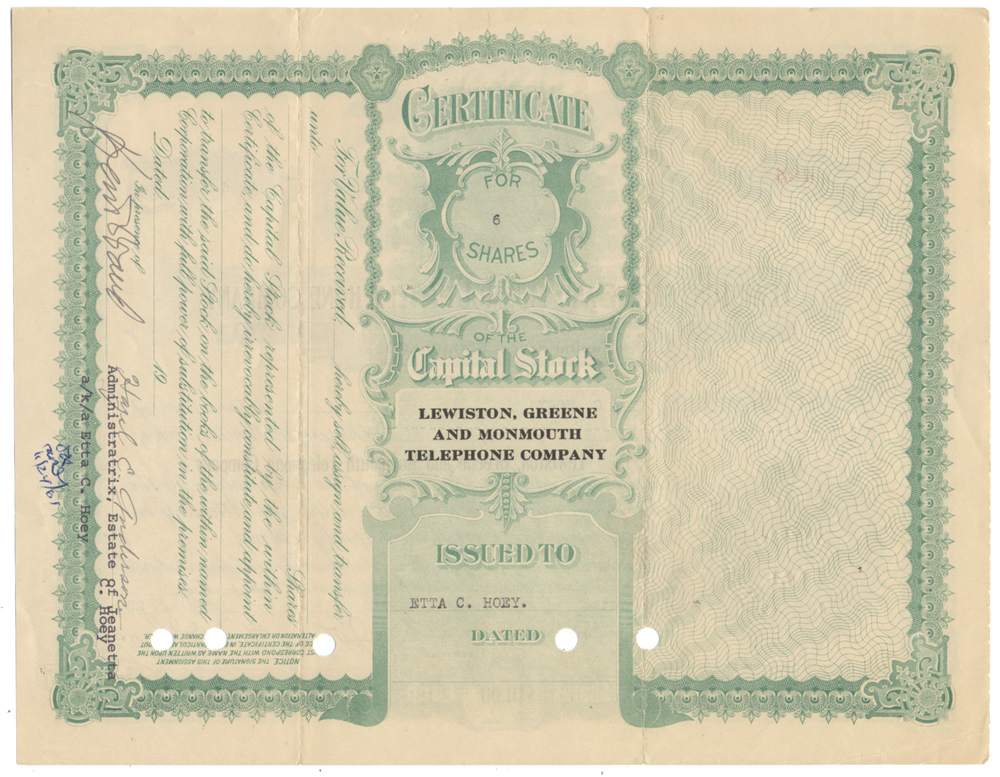 Lewiston, Greene and Monmouth Telephone Company Stock Certificate