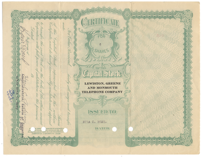 Lewiston, Greene and Monmouth Telephone Company Stock Certificate