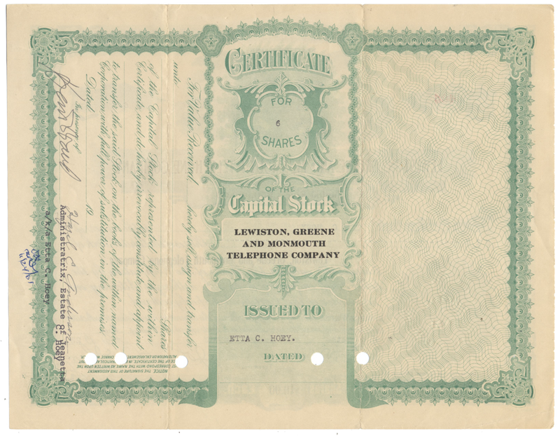 Lewiston, Greene and Monmouth Telephone Company Stock Certificate