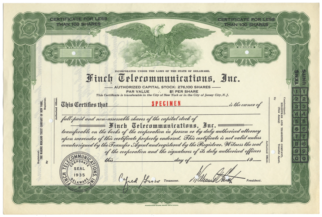 Finch Telecommunications, Inc. Specimen Stock Certificate