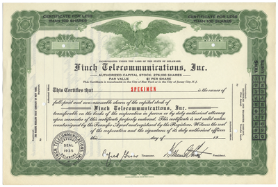Finch Telecommunications, Inc. Specimen Stock Certificate