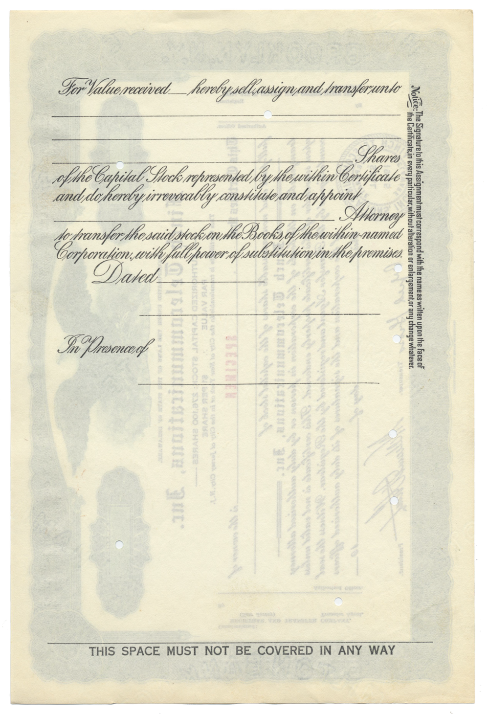 Finch Telecommunications, Inc. Specimen Stock Certificate