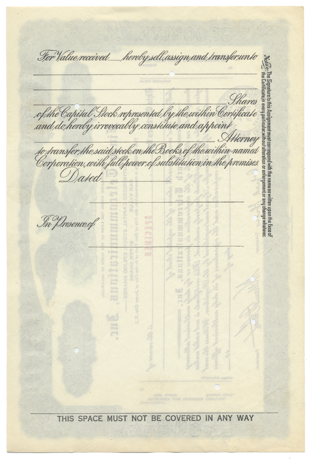 Finch Telecommunications, Inc. Specimen Stock Certificate