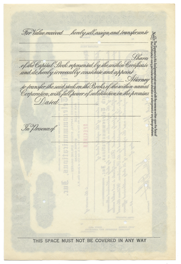 Finch Telecommunications, Inc. Specimen Stock Certificate