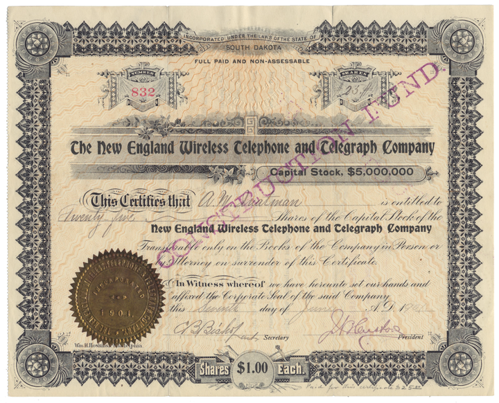 New England Wireless Telephone and Telegraph Company Stock Certificate