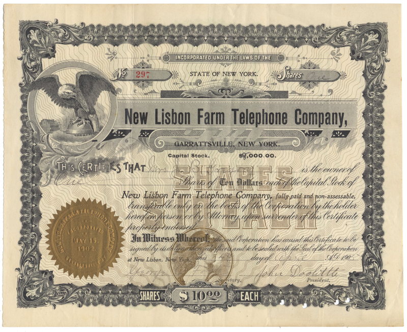 New Lisbon Farm Telephone Company Stock Certificate