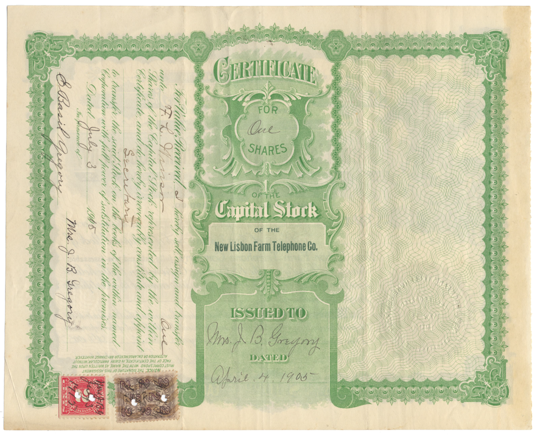 New Lisbon Farm Telephone Company Stock Certificate