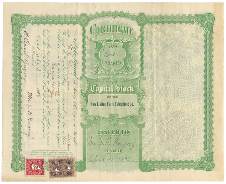 New Lisbon Farm Telephone Company Stock Certificate