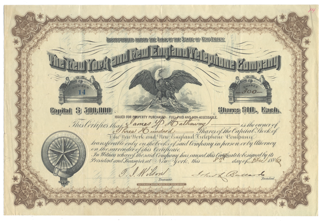 New York and New England Telephone Company Stock Certificate