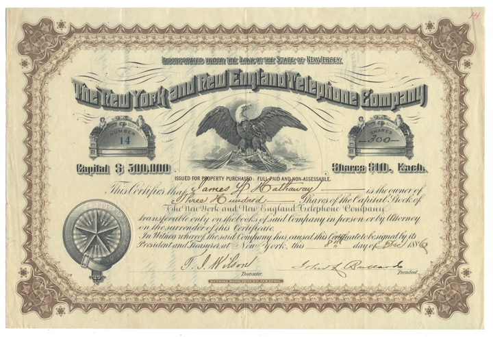 New York and New England Telephone Company Stock Certificate