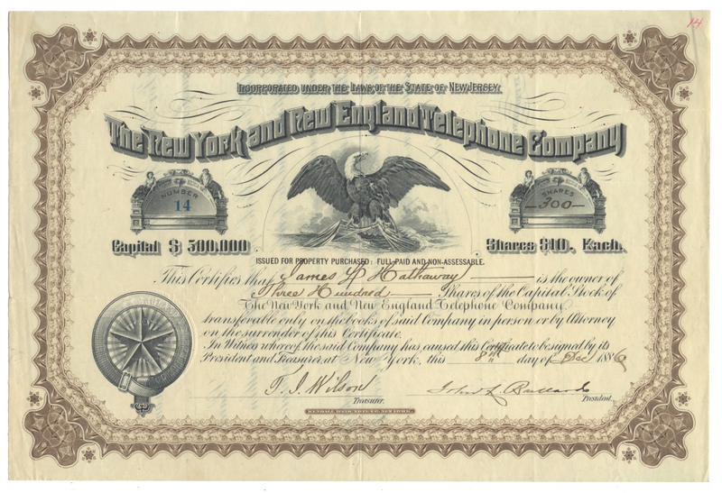 New York and New England Telephone Company Stock Certificate