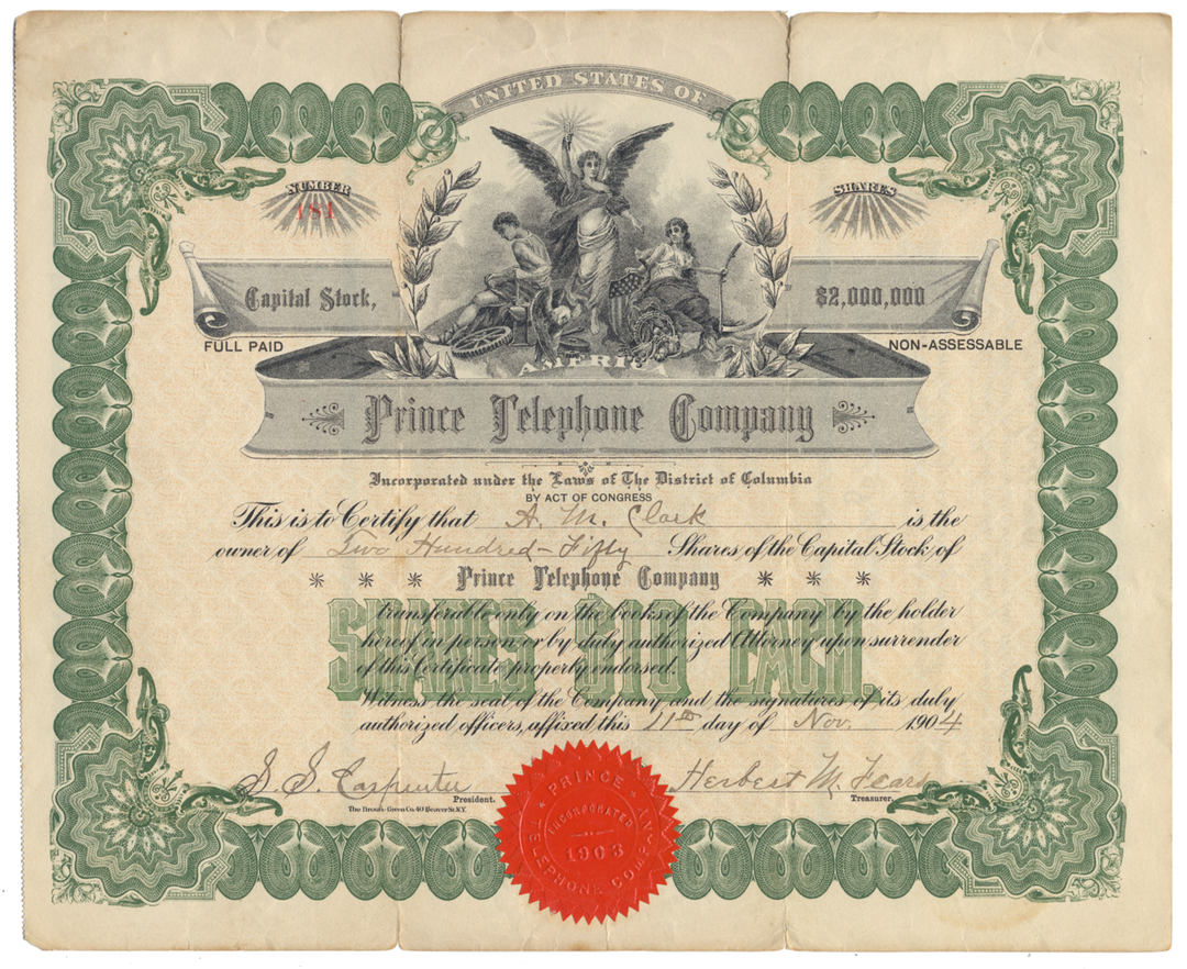 Prince Telephone Company Stock Certificate