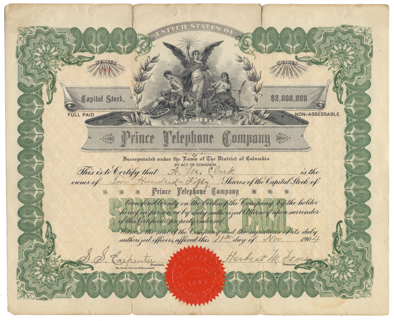 Prince Telephone Company Stock Certificate