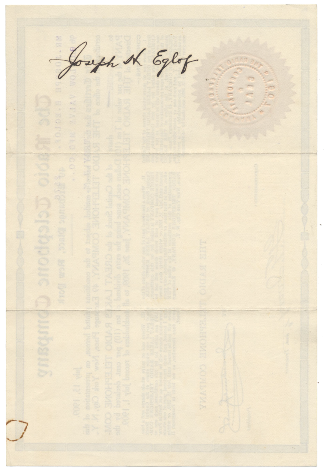 Radio Telephone Company Stock Certificate