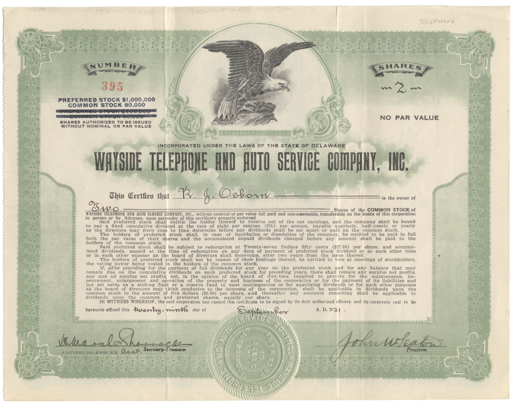 Wayside Telephone and Auto Service Company, Inc. Stock Certificate