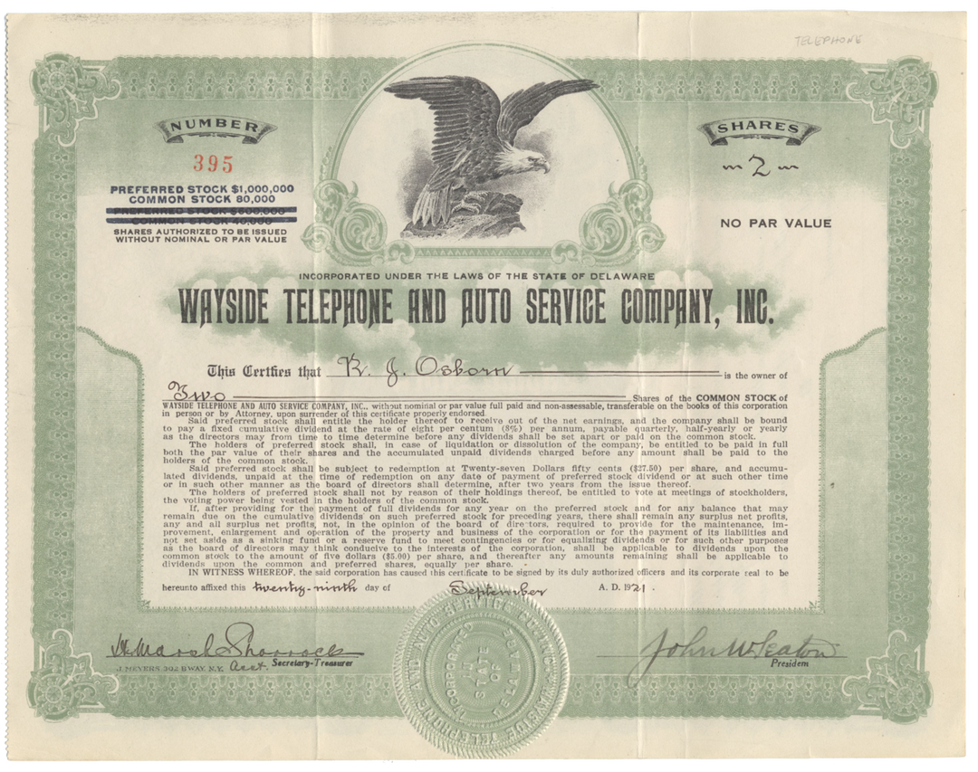 Wayside Telephone and Auto Service Company, Inc. Stock Certificate