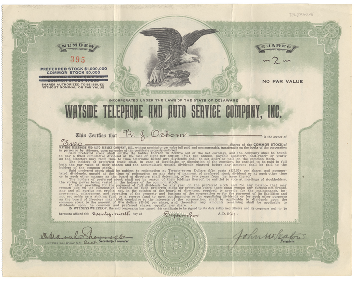 Wayside Telephone and Auto Service Company, Inc. Stock Certificate