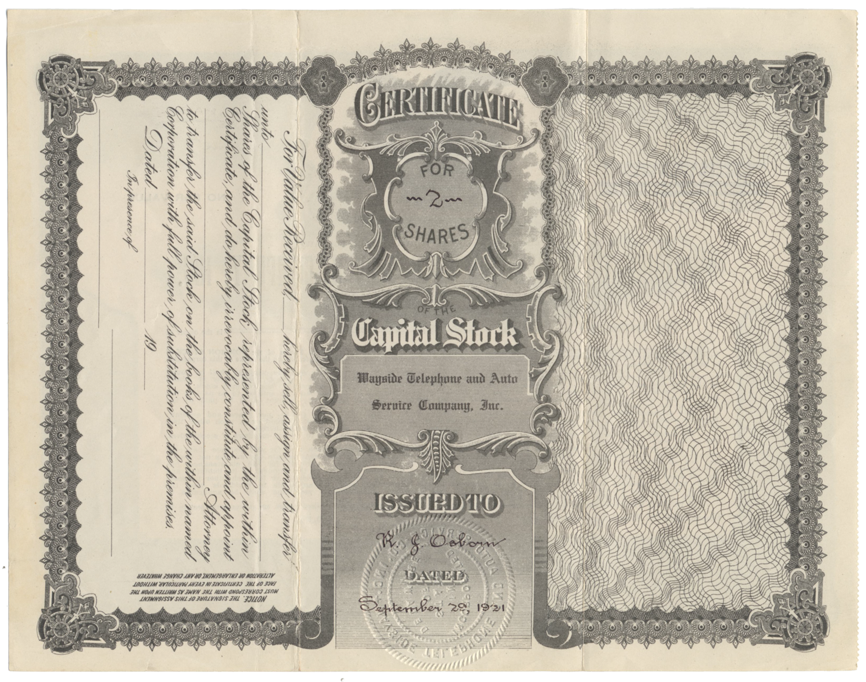 Wayside Telephone and Auto Service Company, Inc. Stock Certificate