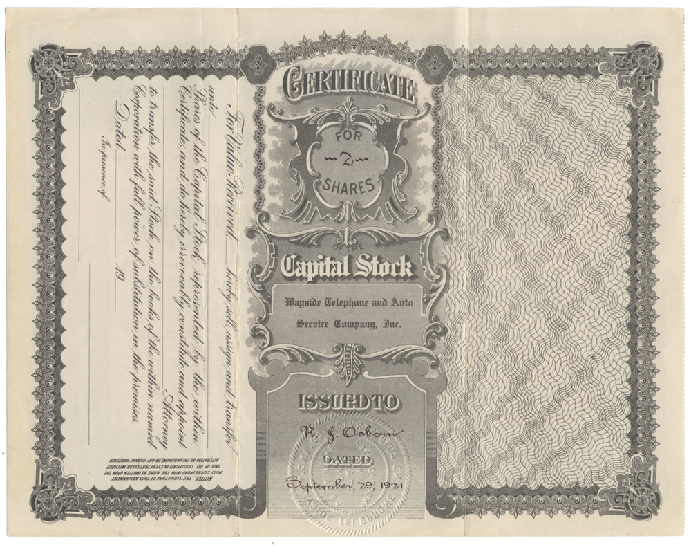 Wayside Telephone and Auto Service Company, Inc. Stock Certificate