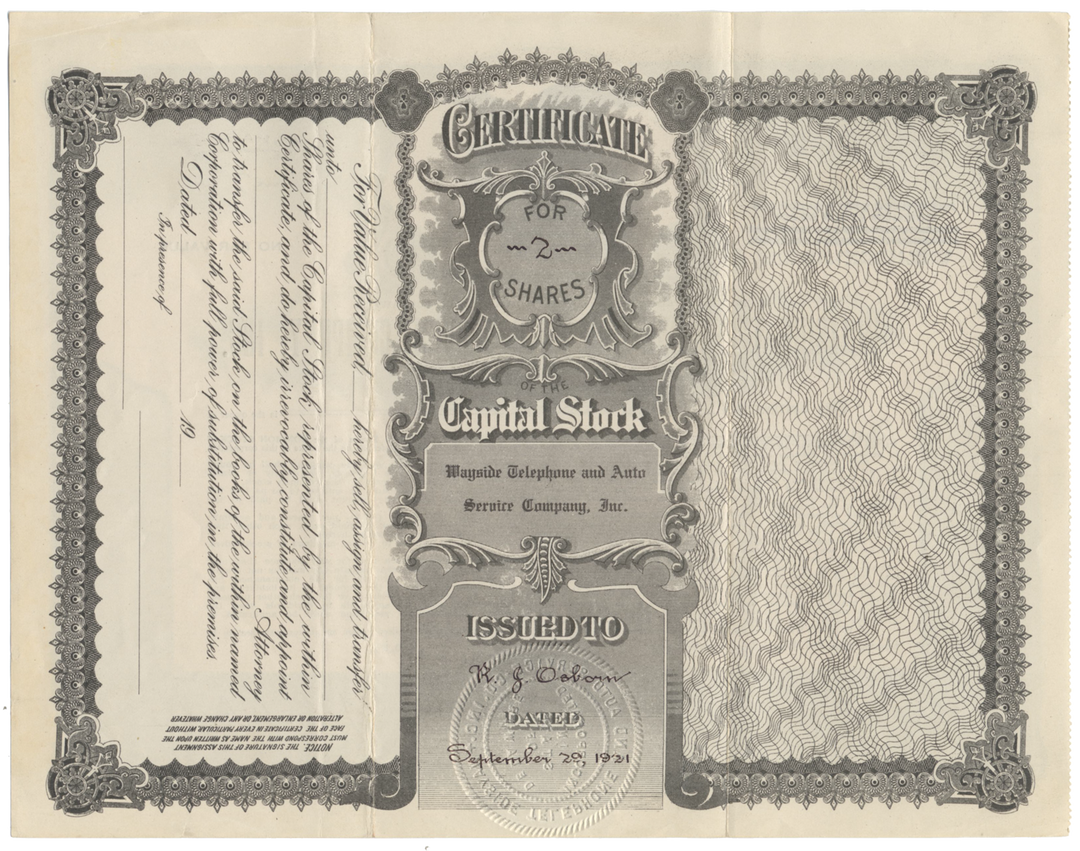 Wayside Telephone and Auto Service Company, Inc. Stock Certificate