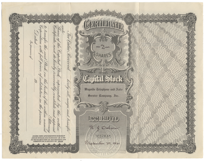 Wayside Telephone and Auto Service Company, Inc. Stock Certificate