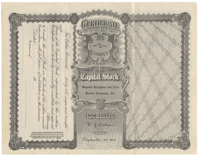 Wayside Telephone and Auto Service Company, Inc. Stock Certificate
