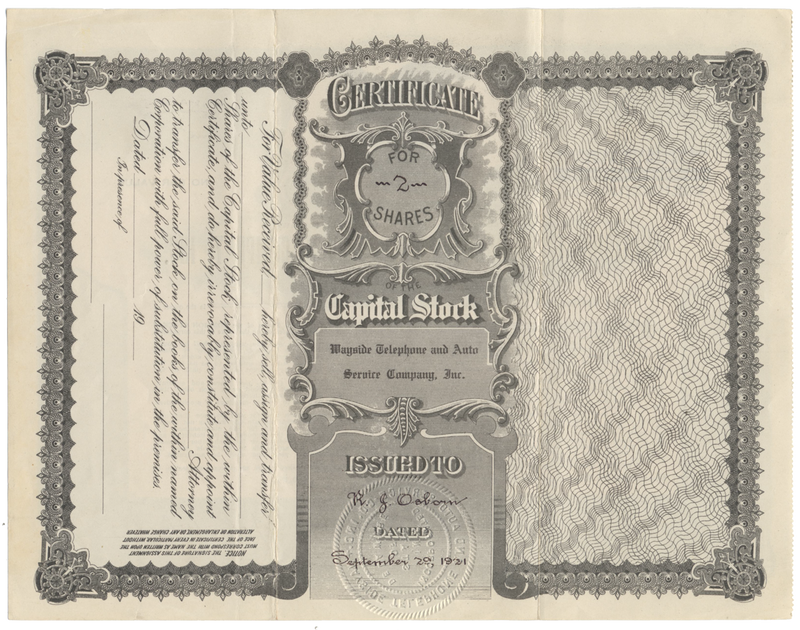 Wayside Telephone and Auto Service Company, Inc. Stock Certificate