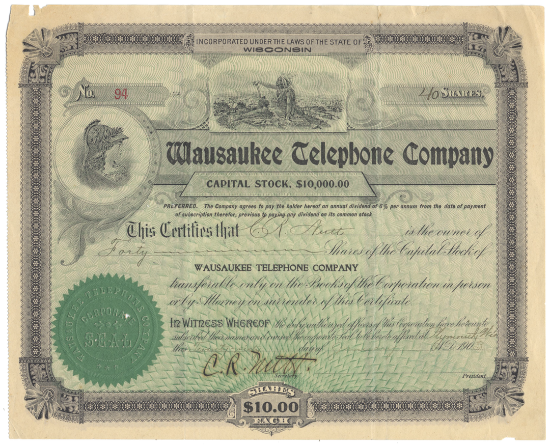 Wausaukee Telephone Company Stock Certificate