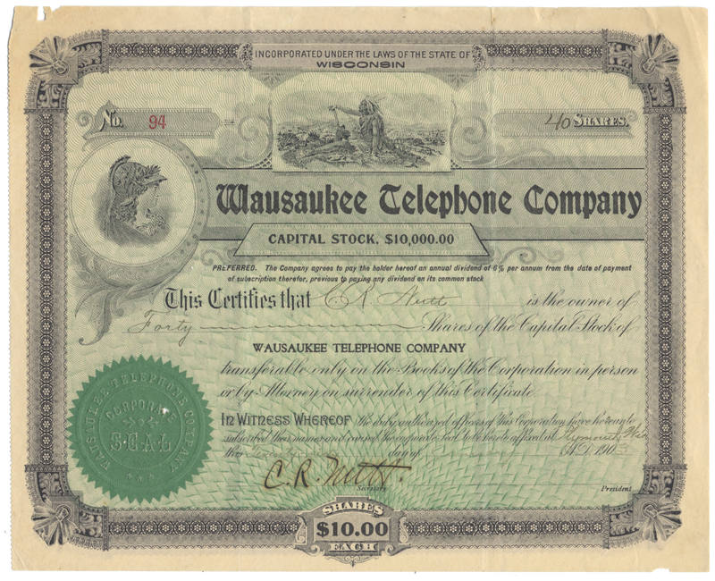 Wausaukee Telephone Company Stock Certificate