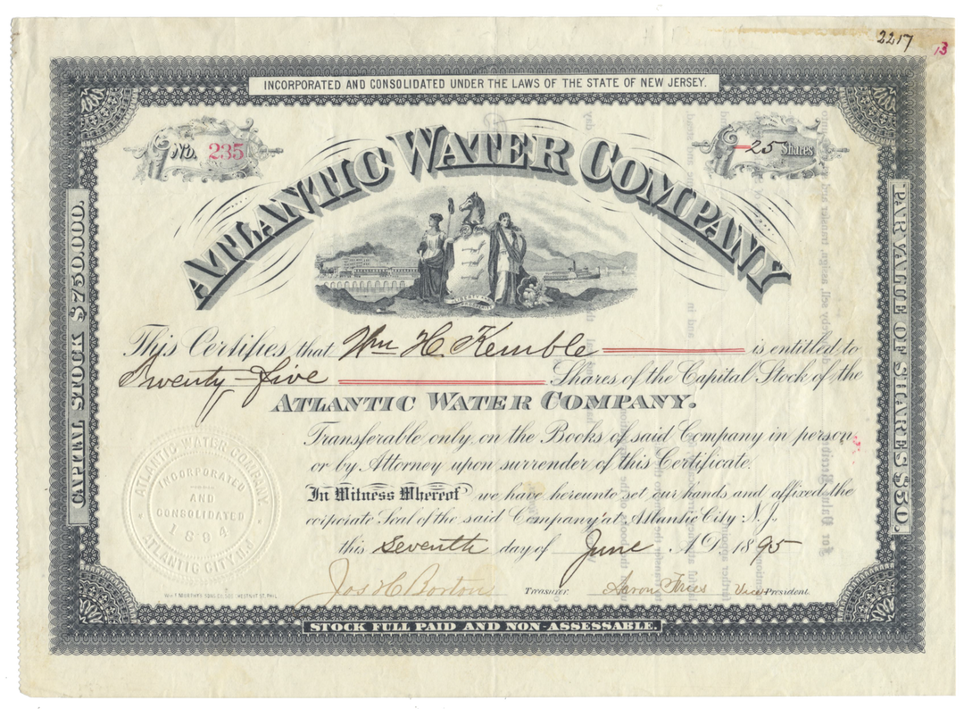 Atlantic Water Company Stock Certificate