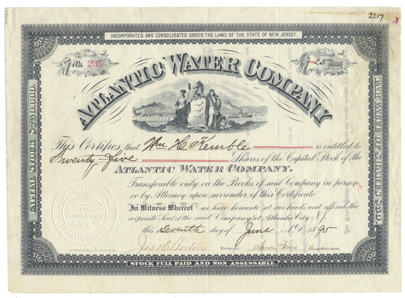 Atlantic Water Company Stock Certificate