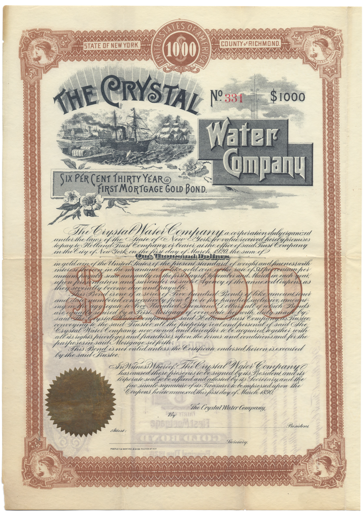 Crystal Water Company Bond Certificate