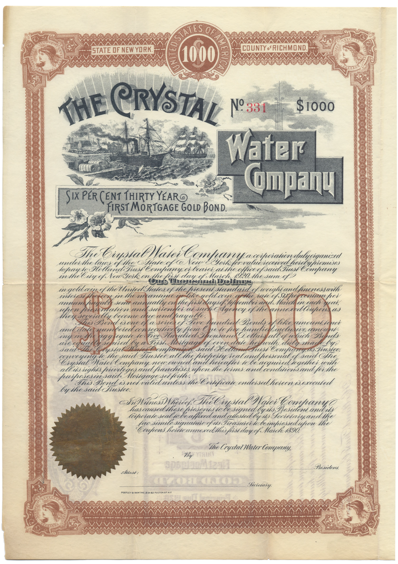 Crystal Water Company Bond Certificate