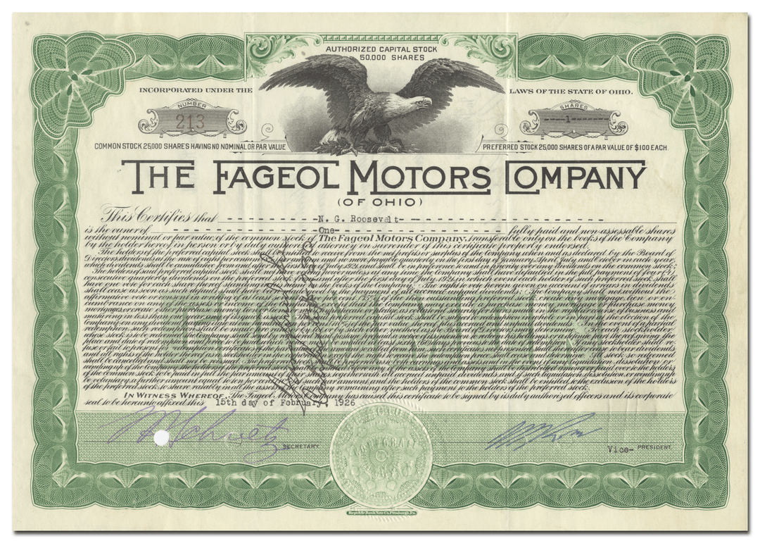 Fageol Motors Company of Ohio Stock Certificate