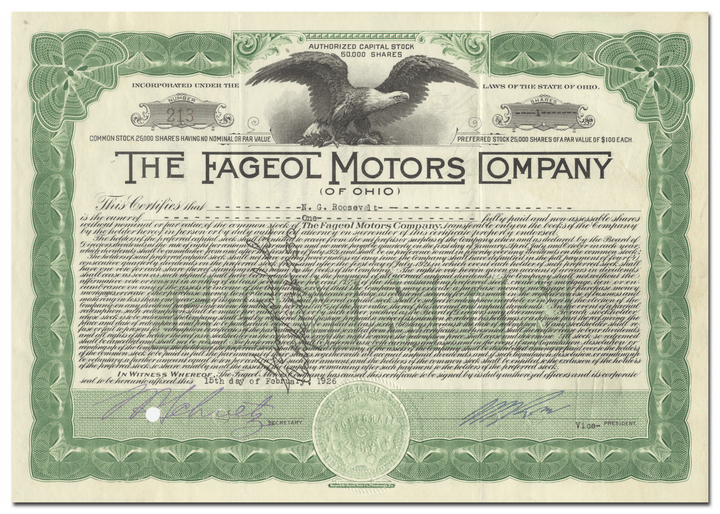 Fageol Motors Company of Ohio Stock Certificate