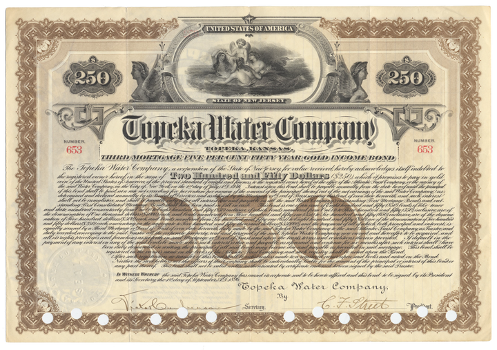 Topeka Water Company Bond Certificate