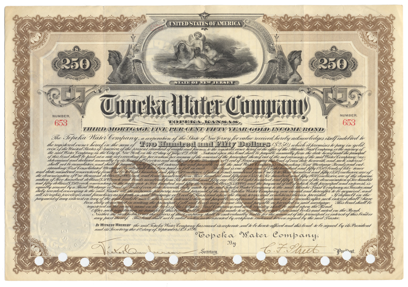 Topeka Water Company Bond Certificate