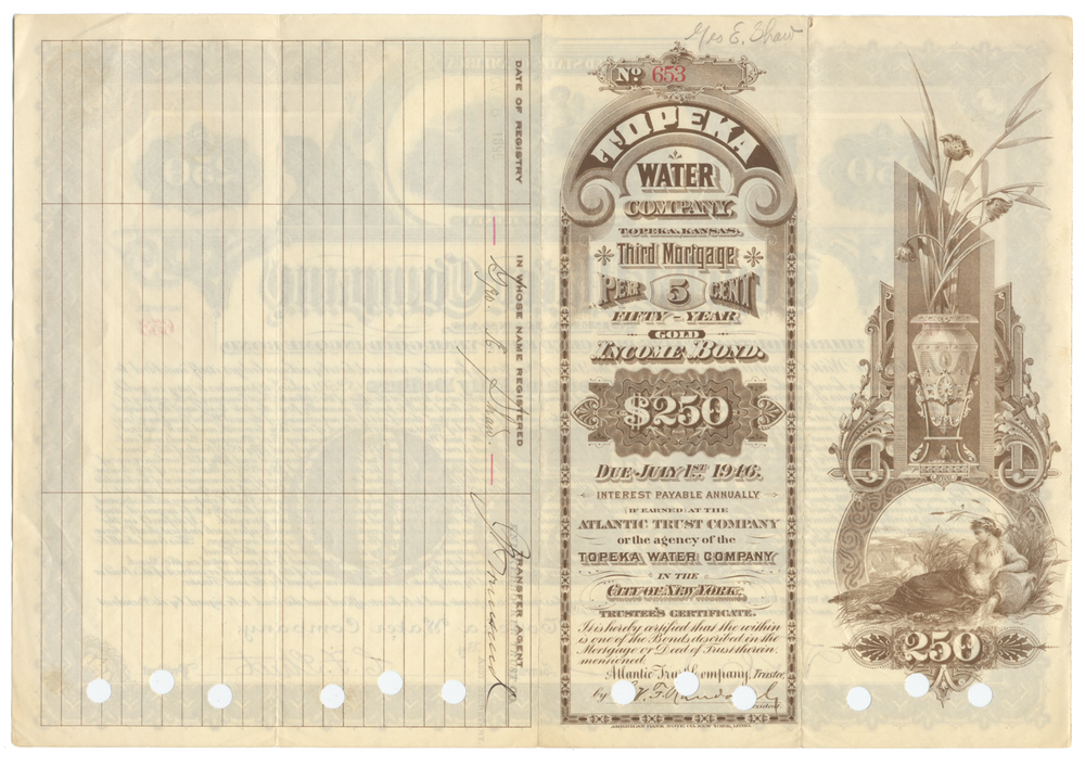 Topeka Water Company Bond Certificate